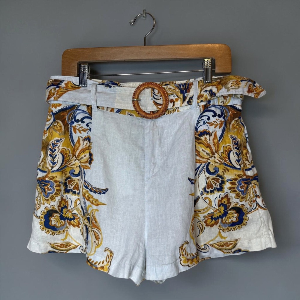 Joie 100% Linen Brocade Paisley Floral Shorts Belted Boho Resort Wear size Large